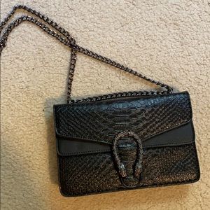 Black Snake Print Purse with Grey Chain